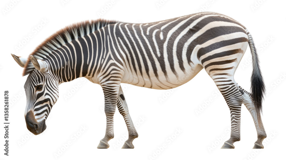 Fototapeta premium Detailed Close-Up of a Striped Zebra in a Natural Pose Against a White Background