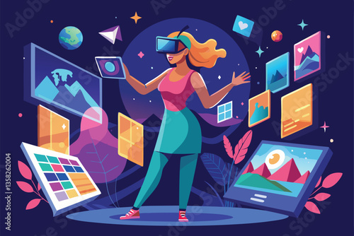 A woman selects and interacts with various pictures in an immersive metaverse environment, Woman Choosing Pictures in Metaverse, Graphic Virtual Reality Illustration