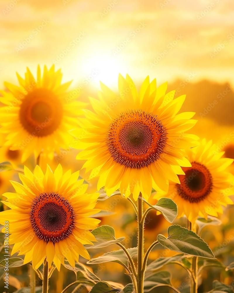 Obraz premium Breathtaking Golden Sunflower Field for Nature Lovers. Stunning Golden Sunflower Field with Warm Glow. Vibrant sunflowers basking in golden sunlight.
