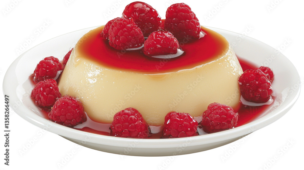 Delicious Creamy Dessert with Fresh Raspberries and Red Fruit Sauce on White Plate Delicious Creamy Dessert with Fresh Raspberries and Red Fruit Sauce on White Plate