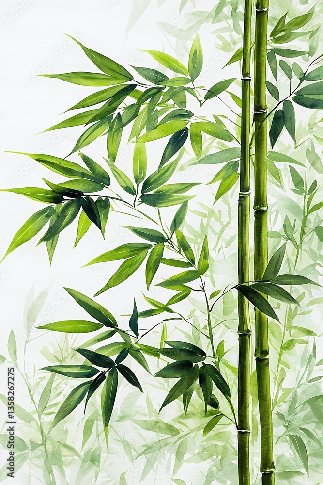 Fototapeta premium Green Bamboo Foliage Watercolor Painting