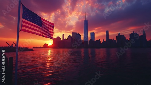 Patriotic skyline captured beneath glowing flag of the nation image