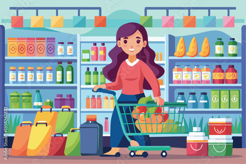 A woman pushes a shopping cart filled with groceries while exploring the cosmetic aisle in a supermarket, Woman in supermarket with cosmetics,