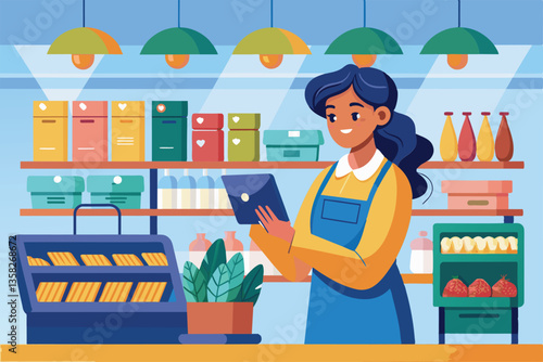 A woman in an apron reviews stock items on her tablet in a bright grocery store setting, Woman is checking stock items for sale