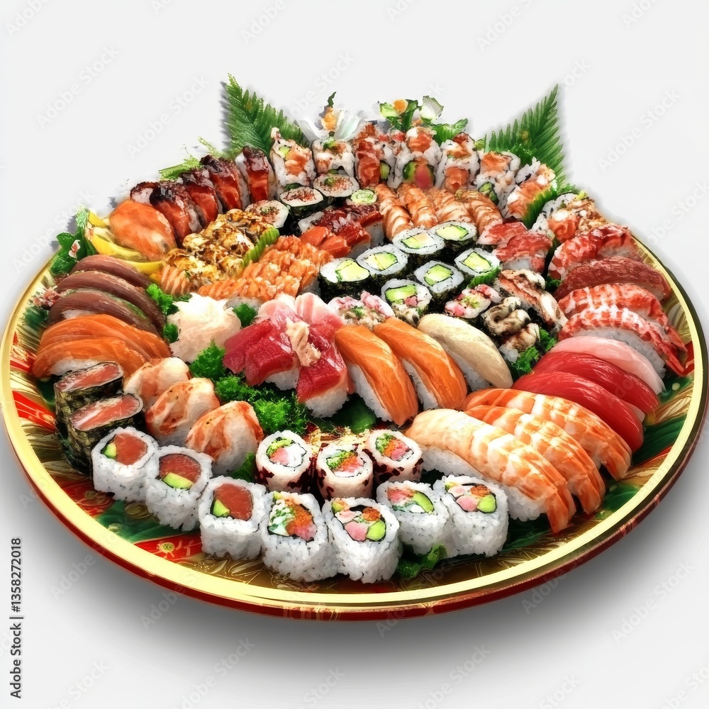 A Colorful Sushi Platter Feast on white background. A Colorful Sushi Platter Feast on white background.