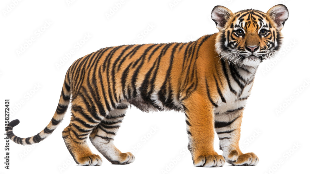 Obraz premium Young Tiger with Striking Orange Fur and Bold Black Stripes in Natural Pose against White Background