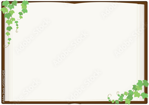 ツタの葉で飾られた本（見開き）のベクターイラスト