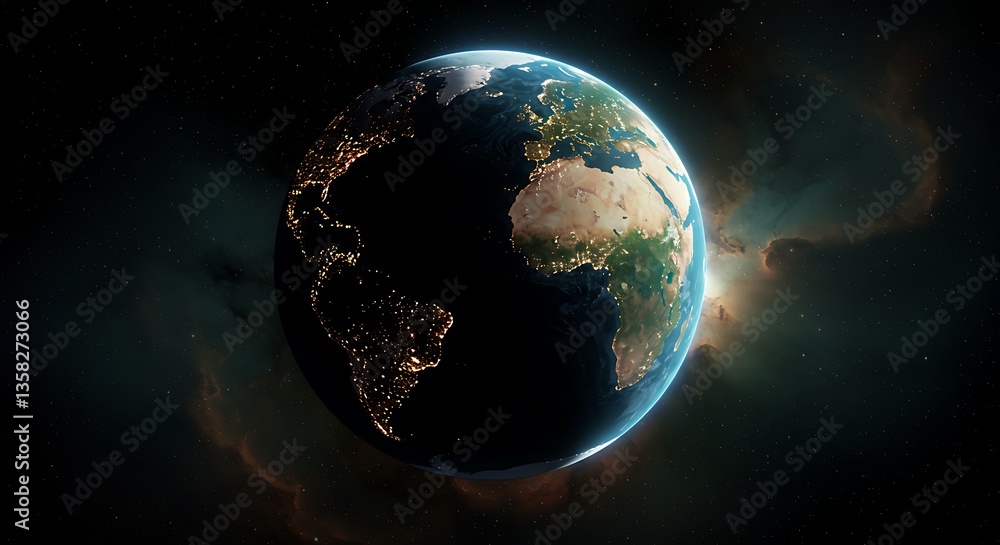 Obraz premium Earth From Space Revealing City Lights and Atmospheric Sunrise Glow