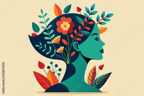 A woman nurtures colorful flowers inside a stylized silhouette of her head, reflecting creativity and nature, Woman planting flowers in abstract head silhouette,