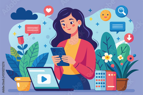 A woman interacts with social media on her mobile device, immersed in a colorful, plant-filled environment, woman playing social media on mobile