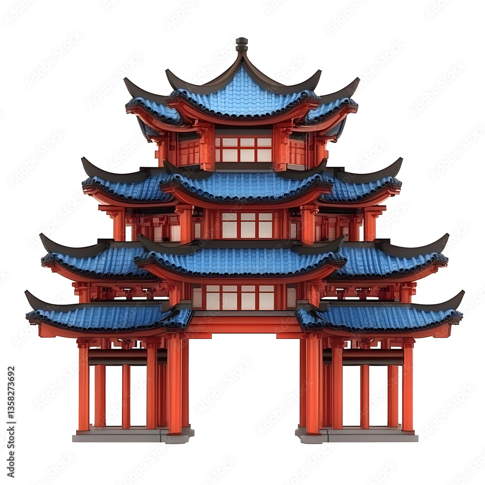 Fototapeta premium Illustration of Red Blue Traditional Asian Gate with Transparent Background