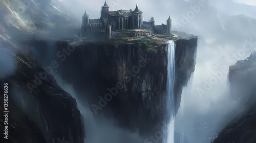 a mystical monastery perched on the edge of a floating cliff, surrounded by eternal mist. Eternal Edge. Illustration