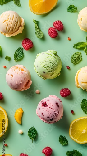 Colorful ice cream scoops arranged with fresh fruits and mint leaves on a mint green background for a summer treat