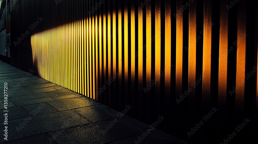 A golden glow illuminates the vertical lines of a wall outside A golden glow illuminates the vertical lines of a wall outside