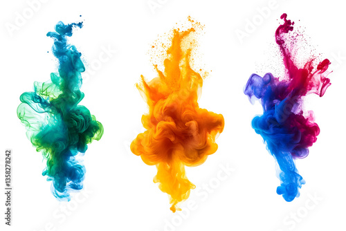 Isolated Abstract Three Colorful Ink Clouds Underwater Background