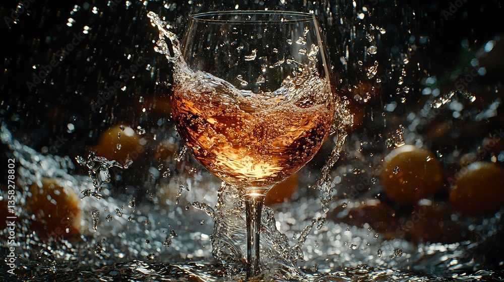 A wine glass with liquid splashing and water droplets A wine glass with liquid splashing and water droplets