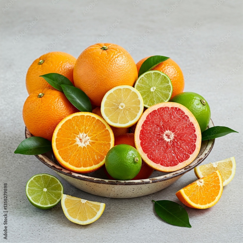 Bowl of Fresh Mixed Citrus Fruits with Green Leaves Bowl of Fresh Mixed Citrus Fruits with Green Leaves