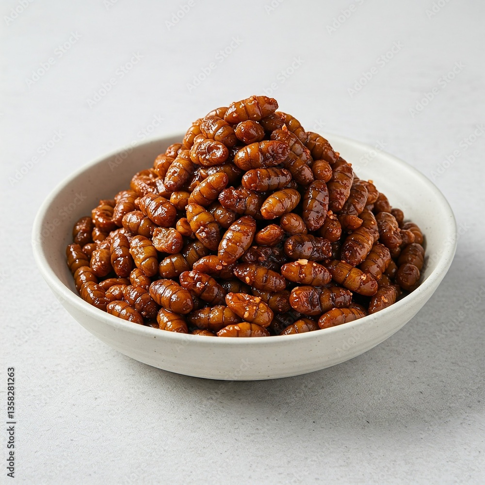 Obraz premium Korean Beongdegi Silkworm Pupa Snack in a White Bowl.
