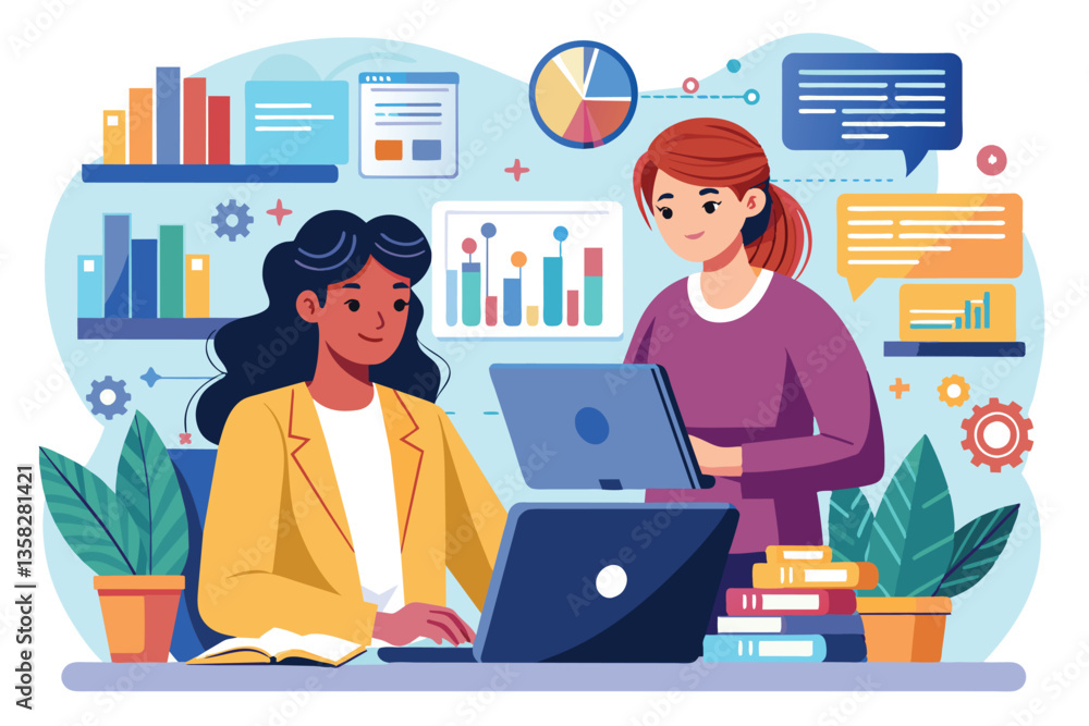 A woman collaborates with a data analyst as they discuss insights on a laptop in a contemporary office, Woman sitting with data analyst and laptop