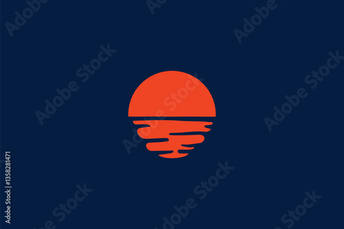 Minimal Sunset Logo, a sleek and modern design representing a serene sun setting over the ocean. With its clean shapes and bold silhouette.