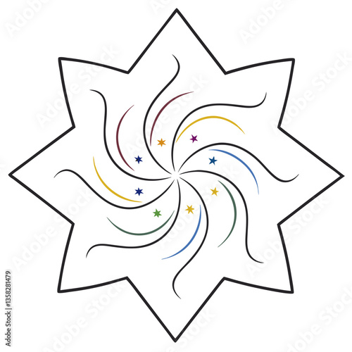 A vibrant starburst of colorful wishes exploding from a central point, creating a joyful and celebratory design with a simple, elegant eight-pointed star shape.