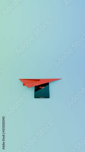 Mobile phone with heart icon on screen partially covered by red paper plane on light blue background representing concept of digital message, online communication, mobile love and technology