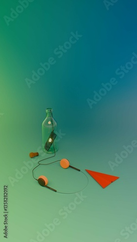 Mobile phone with chat bubble symbol inside glass bottle connected to earphones placed next to cork and paper plane on green blue gradient background representing digital message and communication