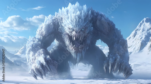 A formidable ice monster with sharp teeth and claws emerges from a snowy landscape. Titans Shard. Illustration