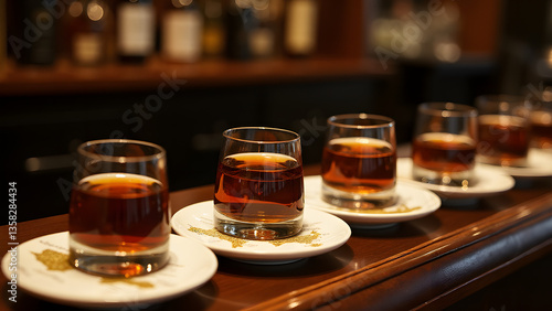Artisanal bourbon cocktail aging in a luxurious blending station with educational elements.