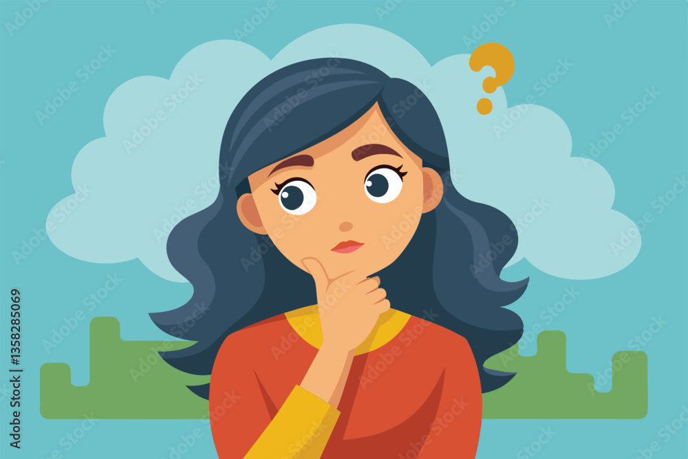 A woman reflects and ponders with a thoughtful expression against a colorful background, Woman thinking Customizable Cartoon Illustration A woman reflects and ponders with a thoughtful expression against a colorful background, Woman thinking Customizable Cartoon Illustration