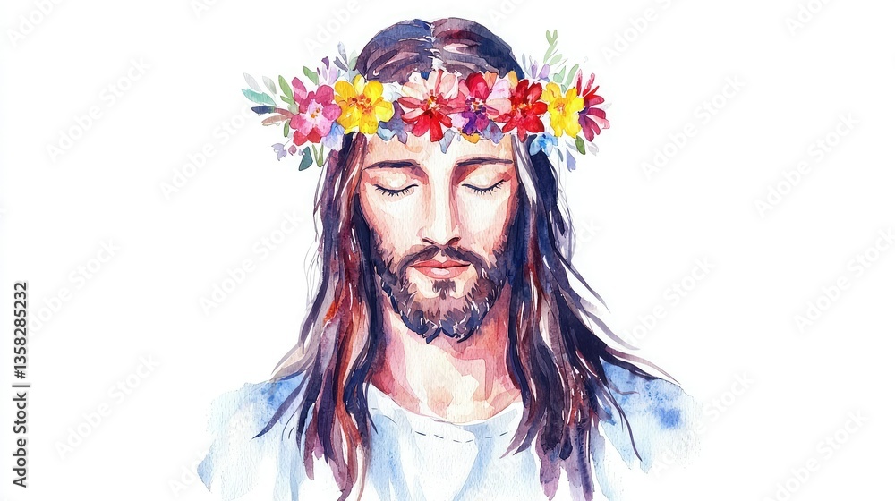 A serene watercolor depiction of a man with long hair and a floral crown, embodying peace and spirituality. A serene watercolor depiction of a man with long hair and a floral crown, embodying peace and spirituality.