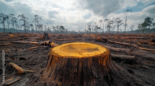 deforested landscape with tree stumps and barren soil, showcasing environmental impact on ecosystems and wildlife