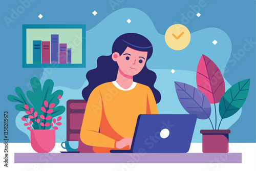 A woman focused on transferring data through her laptop in a cozy and bright workspace adorned with plants, woman transferring data using a laptop