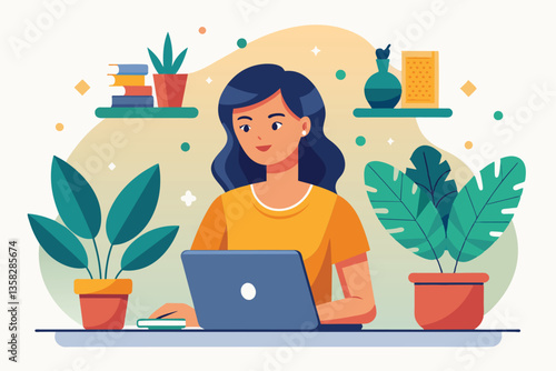 A woman focused on transferring data with her laptop, surrounded by greenery and books in a cozy setting, woman transferring data using a laptop