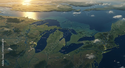 Aerial View of the Great Lakes and Surrounding Landscape at Sunset