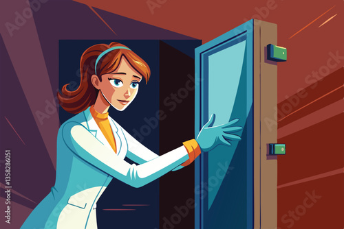 A woman is using medical gloves to open a door in a clinical setting, appearing focused and careful, Woman wearing medical glove to open door style