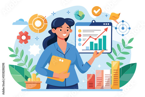 A woman showcases a marketing investment graph with upward trends while holding a folder, woman with marketing investment graph marketing investment effectiveness