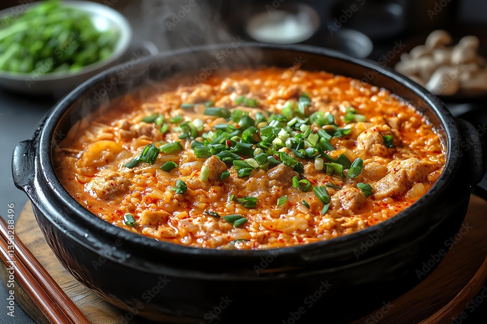Steaming Hot Kimchi Jjigae Korean Stew with Rice and Pork Steaming Hot Kimchi Jjigae Korean Stew with Rice and Pork