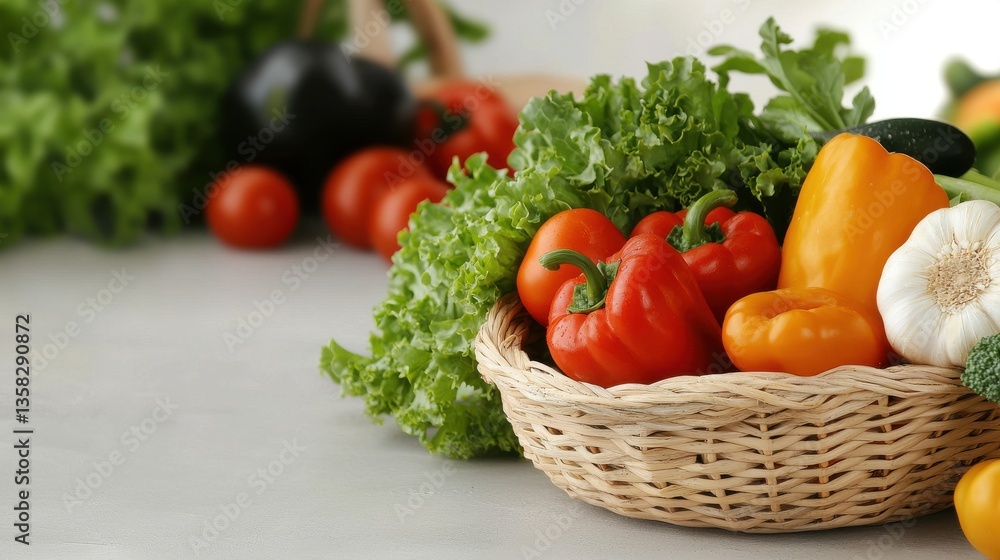 Fresh organic vegetables including tomatoes bell peppers and leafy greens neatly arranged in a wicker basket on a kitchen counter showcasing a healthy sustainable and natural lifestyle Fresh organic vegetables including tomatoes bell peppers and leafy greens neatly arranged in a wicker basket on a kitchen counter showcasing a healthy sustainable and natural lifestyle