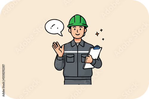 Friendly Worker with Clipboard: Greeting and Ready to Assist