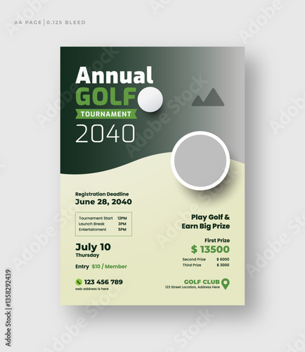 Golf tournament flyer or poster template, annual sports tournament event golf leaflet design