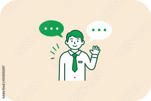 Friendly Conversation: Man Communicates with Speech Bubbles, Offering Greeting