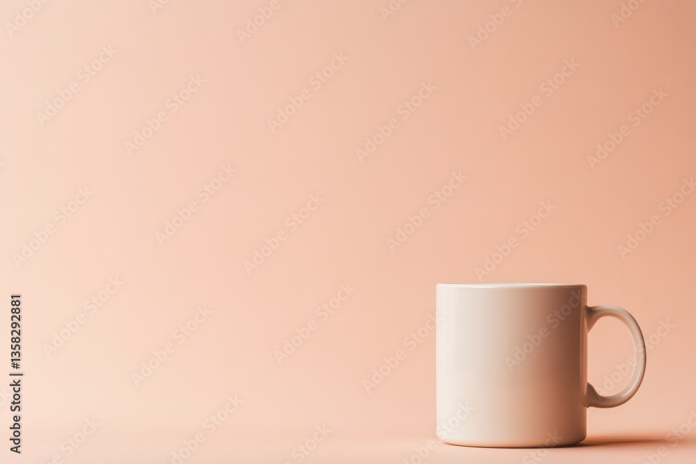Minimalist presentation: single beige mug against pastel coral backdrop Minimalist presentation: single beige mug against pastel coral backdrop