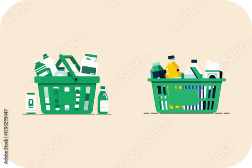 Two Green Shopping Baskets Filled with Groceries, Isolated on Beige