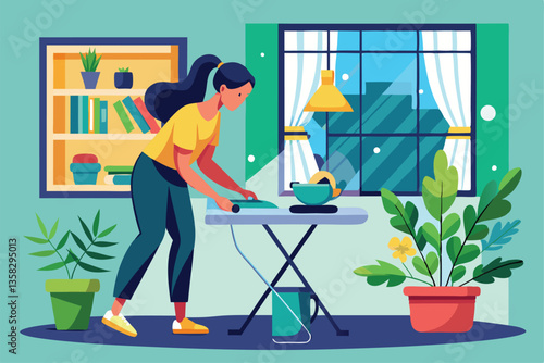 A woman is busy ironing clothes, tending to the window and cleaning the floor in bright, sunlit surroundings, Women ironing, washing window and floor,