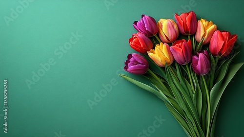 Colorful tulips bouquet on teal background