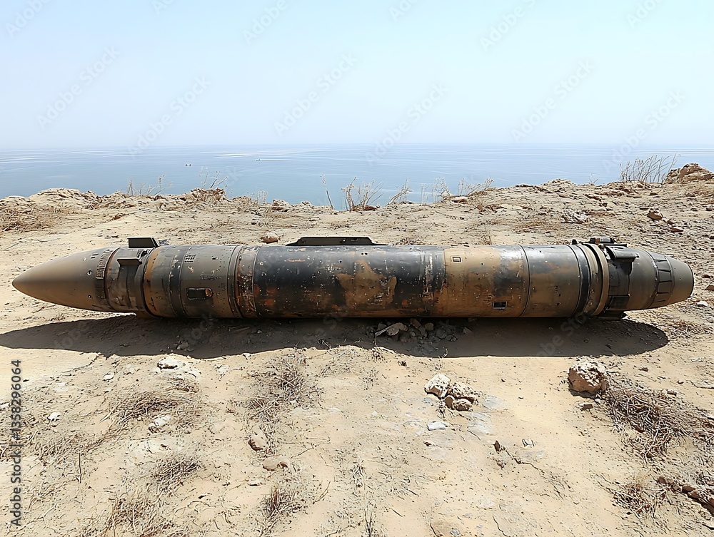 A cylindrical projectile rests on dry land near a sea A cylindrical projectile rests on dry land near a sea