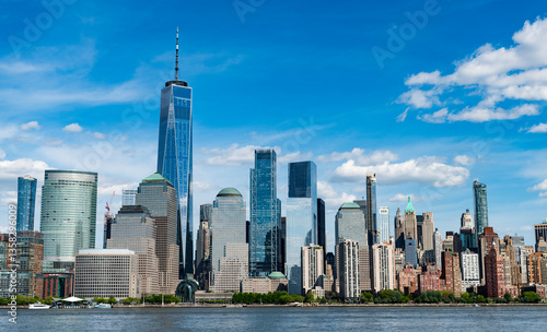 A view of the New York financial district fom Paulus Hook Pier in Jersey City, New Jersey.New York, United States. Manhattan New York NY NYC Skyline. Lower Manhattan and One World Trade Center in New