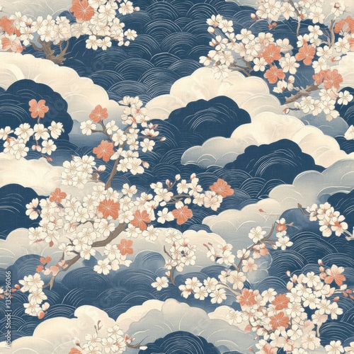 Seamless Japanese pattern featuring traditional wave motifs and cherry blossoms in indigo tones Generative AI