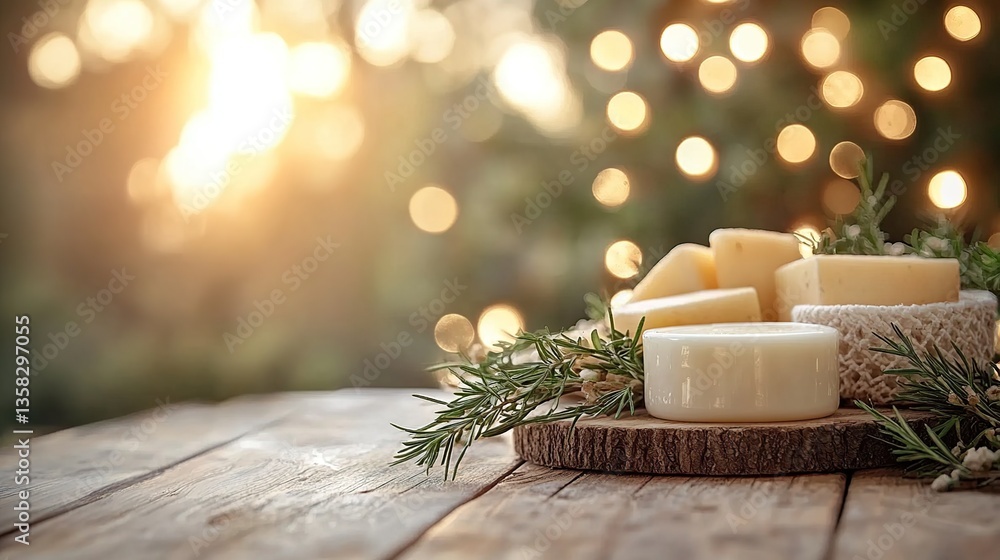 Natural soaps on wooden platter, bokeh background Natural soaps on wooden platter, bokeh background